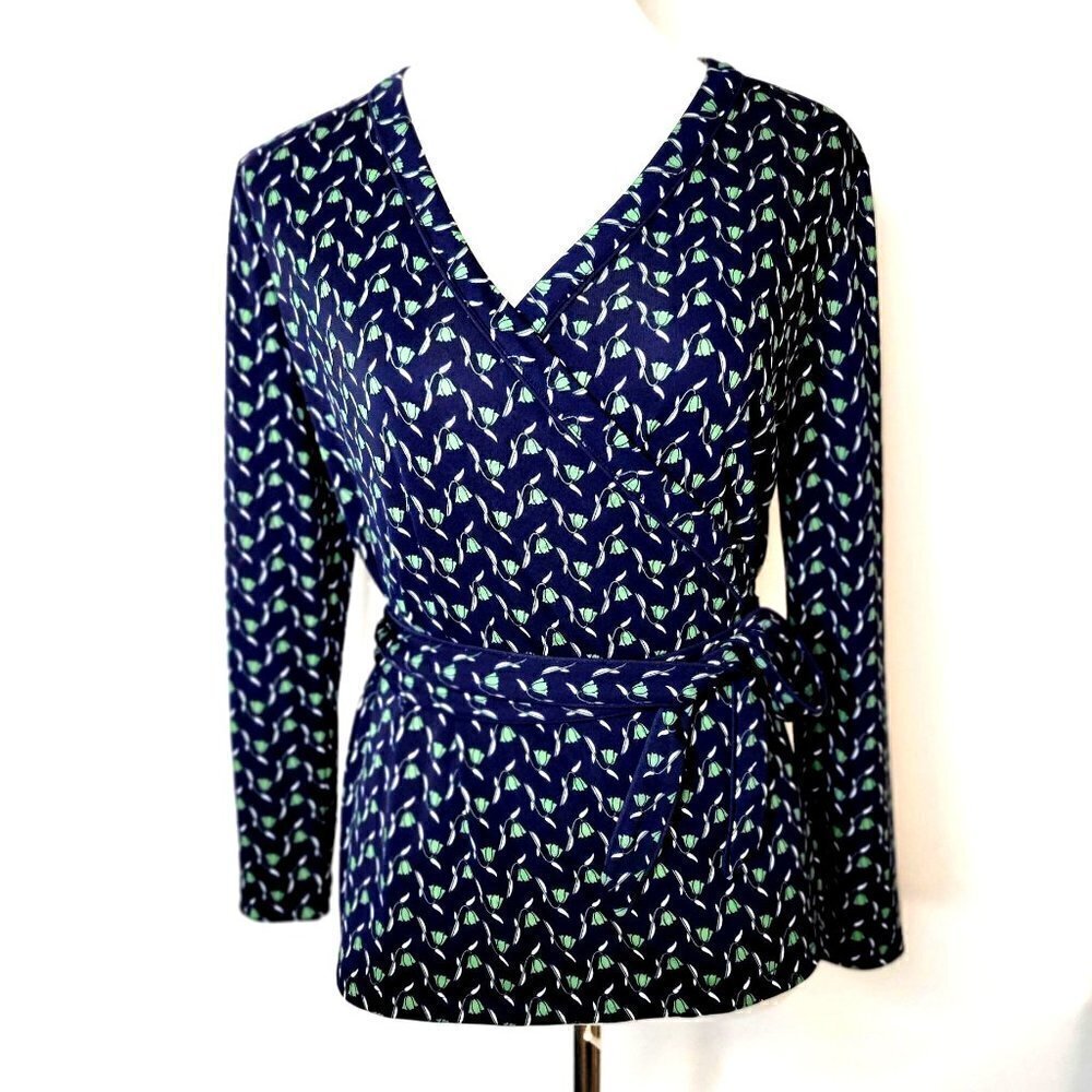 Ann Taylor Wrap Belted Top Navy/Green  Women Size MP